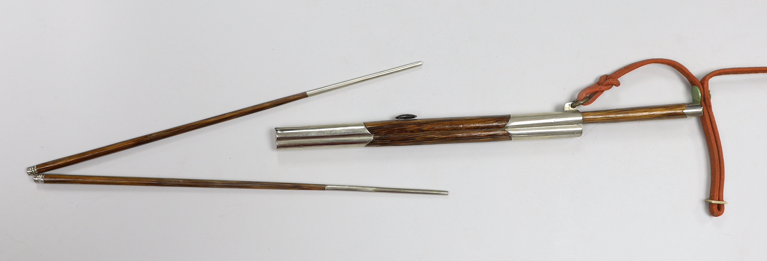 Chinese white metal mounted chop sticks, knife and case, 18cm in length